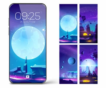 Smartphone and screenshots showing the theme of the device with the moon, rocks and stones.